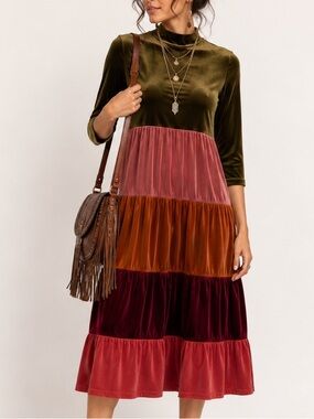 Vada Winter Velvet Tiered Midi Dress Small Boho Cottagecore